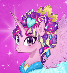 Size: 720x778 | Tagged: safe, artist:namieart, princess cadance, alicorn, pony, g4, games ponies play, alternate hairstyle, bust, ceremonial headdress, clothes, crown, cute, cutedance, dress, female, heart eyes, jewelry, jewels, looking at you, mare, portrait, purple background, regalia, simple background, solo, sparkles, wingding eyes