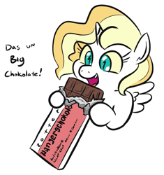 Size: 561x598 | Tagged: safe, artist:jargon scott, oc, oc only, oc:dyxkrieg, alicorn, pony, candy, chocolate, chocolate bar, drugs, female, filly, food, magical lesbian spawn, meth, offspring, parent:oc:dyx, parent:oc:luftkrieg, parents:oc x oc, simple background, solo, this will end in tears, white background, wingding eyes