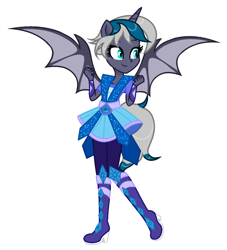 Size: 1013x1116 | Tagged: safe, alternate version, artist:vi45, oc, oc only, oc:elizabat stormfeather, equestria girls, g4, belt, boots, clothes, clothes swap, commission, crystal guardian, dress, equestria girls-ified, female, high heel boots, pants, ponied up, shoes, simple background, skirt, solo, white background, ych result