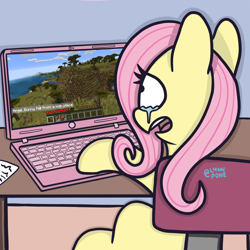 Size: 2048x2048 | Tagged: safe, artist:lynnpone, fluttershy, pegasus, pony, g4, chair, computer, crying, desk, female, funny, game, gamershy, gaming, gasp, high res, implied angel bunny, implied death, laptop computer, mare, minecraft, solo