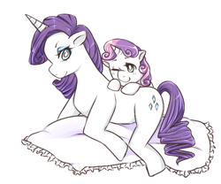 Size: 600x500 | Tagged: safe, artist:totalutterchaos2, rarity, sweetie belle, pony, unicorn, g4, duo, female, filly, mare, one eye closed, pillow, simple background, smiling, white background, wink