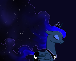 Size: 2730x2196 | Tagged: safe, artist:joan-grace, princess luna, alicorn, pony, g4, bust, dark background, ethereal mane, eyes closed, female, high res, horn, jewelry, mare, peytral, starry mane, tiara, wings