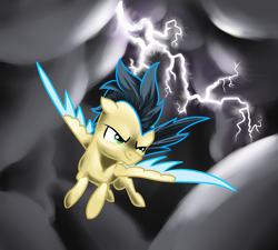 Size: 2000x1800 | Tagged: safe, artist:joan-grace, oc, oc only, pegasus, pony, cloud, flying, lightning, male, outdoors, pegasus oc, smiling, smirk, stallion, two toned wings, wings