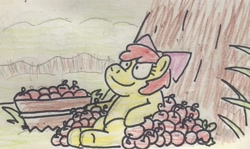 Size: 2048x1224 | Tagged: safe, artist:bureaokuto, apple bloom, earth pony, pony, g4, apple, female, filly, food, relaxing, sitting, smiling, solo, tree