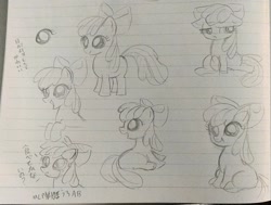 Size: 1427x1080 | Tagged: safe, artist:namaenonaipony, apple bloom, earth pony, pony, g4, crying, female, filly, floppy ears, frown, lined paper, open mouth, open smile, sitting, sketch, smiling, solo, standing, traditional art