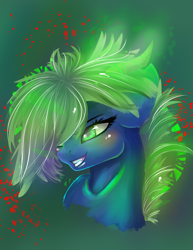 Size: 1700x2200 | Tagged: safe, artist:joan-grace, oc, oc only, dracony, dragon, hybrid, pony, abstract background, bust, eyelashes, female, glowing horn, grin, horn, interspecies offspring, offspring, parent:rarity, parent:spike, parents:sparity, smiling, solo