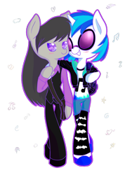 Size: 600x800 | Tagged: safe, artist:patty-plmh, dj pon-3, octavia melody, vinyl scratch, earth pony, unicorn, anthro, unguligrade anthro, g4, blushing, clothes, female, horn, lesbian, ship:scratchtavia, shipping, side hug, simple background, smiling, sunglasses, transparent background