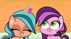 Size: 720x400 | Tagged: safe, screencap, lilith, orange zest, earth pony, pony, g4.5, how applejack got her hat back, my little pony: pony life, animated, cube, cute, duo, duo female, female, gif, loop, looped, sugarcube corner