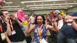 Size: 2048x1152 | Tagged: safe, human, bronycon, bronycon 2016, cowering, irl, irl human, open mouth, photo, tabitha st. germain, voice actor