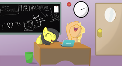 Size: 3399x1837 | Tagged: safe, artist:kixalin, oc, oc only, earth pony, pony, :d, chalkboard, clock, computer, duo, earth pony oc, eyes closed, female, indoors, laptop computer, laughing, male, mare, open mouth, smiling, stallion