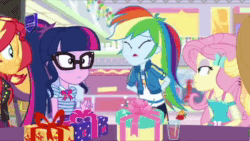 Size: 640x360 | Tagged: safe, edit, screencap, applejack, fluttershy, rainbow dash, rarity, sunset shimmer, twilight sparkle, equestria girls, equestria girls specials, g4, my little pony equestria girls: better together, my little pony equestria girls: holidays unwrapped, animated, camera, geode of fauna, geode of super speed, indonesia, magical geodes, perdana record, sound, webm