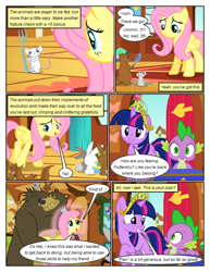 Size: 612x792 | Tagged: safe, artist:newbiespud, edit, edited screencap, screencap, fluttershy, harry, spike, twilight sparkle, bear, dragon, mouse, pegasus, pony, rabbit, squirrel, unicorn, comic:friendship is dragons, g4, magical mystery cure, animal, comic, dialogue, element of magic, eyelashes, female, fork, grin, indoors, looking back, male, mare, raised hoof, screencap comic, smiling, spoon, unicorn twilight