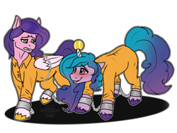 Size: 2732x2048 | Tagged: safe, artist:sursiq, izzy moonbow, pipp petals, pegasus, pony, unicorn, g5, adorapipp, ball, blushing, bound wings, chains, clothes, commission, commissioner:rainbowdash69, cute, duo, female, full body, high res, horn, horn impalement, hornball, izzy's tennis ball, mare, never doubt rainbowdash69's involvement, prison outfit, prisoner im, prisoner pipp, tennis ball, watermark, wings