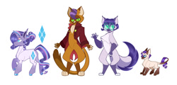 Size: 1280x613 | Tagged: safe, artist:vio-mlp-creator, capper dapperpaws, rarity, oc, oc:clear cut polish, oc:iriedescent, abyssinian, hybrid, pony, unicorn, g4, alternate design, capperity, chest fluff, family, female, interspecies offspring, male, offspring, parent:capper dapperpaws, parent:rarity, parents:capperity, shipping, simple background, straight, white background