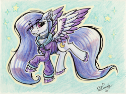 Size: 3600x2683 | Tagged: safe, artist:dandy, oc, oc only, pegasus, pony, choker, clothes, colored pencil drawing, colored wings, ear fluff, eye clipping through hair, female, gradient wings, high res, hoodie, looking at you, raffle prize, signature, simple background, solo, traditional art, unshorn fetlocks, wings