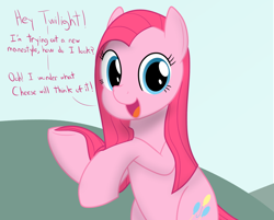 Size: 1200x965 | Tagged: safe, artist:mightyshockwave, pinkie pie, earth pony, pony, g4, alternate hairstyle, bipedal, female, implied cheese sandwich, implied twilight sparkle, looking at you, open mouth, open smile, pinkamena diane pie, smiling, solo, straight mane