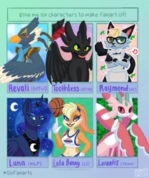 Size: 857x1024 | Tagged: safe, artist:pegacats, princess luna, bird, cat, dragon, rabbit, anthro, g4, animal, animal crossing, anthro with ponies, basket, bedroom eyes, clothes, crescent moon, cross-popping veins, crossdressing, crossed arms, crossover, ethereal mane, glasses, heterochromia, how to train your dragon, jewelry, lola bunny, looney tunes, lurantis, maid, moon, peytral, pokémon, raymond, six fanarts, space jam, starry mane, stars, the legend of zelda, tiara, toothless the dragon