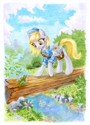 Size: 900x1251 | Tagged: safe, artist:maytee, derpy hooves, frog, pegasus, pony, g4, bag, bridge, clothes, cute, derpabetes, female, flower, hat, mailbag, mailmare, mailmare hat, mailmare uniform, mare, necktie, river, saddle bag, sky background, solo, stream, traditional art, uniform, water, watercolor painting