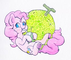 Size: 1888x1593 | Tagged: safe, artist:lost marbles, pinkie pie, earth pony, pony, g4, drink, food, glass, herbivore, melon, soda, straw, traditional art, underhoof, watercolor painting