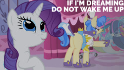 Size: 1280x720 | Tagged: safe, edit, edited screencap, editor:quoterific, screencap, rarity, sapphire shores, earth pony, pony, unicorn, a dog and pony show, g4, season 1, butt, carousel boutique, clothes, cute, dress, female, mare, open mouth, plot, raribetes