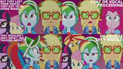 Size: 1280x720 | Tagged: safe, edit, edited screencap, editor:quoterific, screencap, applejack, fluttershy, pinkie pie, rainbow dash, sci-twi, sunset shimmer, twilight sparkle, equestria girls, equestria girls series, g4, sunset's backstage pass!, spoiler:eqg series (season 2), female, geode of sugar bombs, glasses, hairpin, magical geodes, music festival outfit, open mouth, ponytail, shrunken pupils