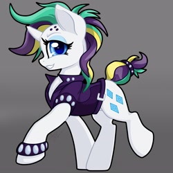 Size: 2822x2820 | Tagged: safe, artist:gleamydreams, rarity, pony, unicorn, g4, alternate hairstyle, bracelet, clothes, female, high res, jewelry, looking at you, mare, punk, raripunk, smiling, solo, vest, walking