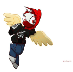 Size: 561x554 | Tagged: safe, artist:weirdarttb, oc, oc only, oc:sinar bulan indonesia, alicorn, pony, black hoodie, clothes, colored wings, hijab, hoodie, indonesia, islam, looking back, mask, pants, signature, simple background, solo, white background, wings