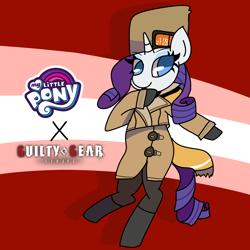 Size: 4900x4900 | Tagged: safe, artist:mythril azure, rarity, pony, unicorn, g4, bipedal, clothes, coat, costume, female, guilty gear, hat, millia rage, pants, solo