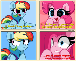 Size: 5794x4649 | Tagged: safe, artist:kittyrosie, pinkie pie, rainbow dash, earth pony, pegasus, pony, fanfic:cupcakes, g4, comic, cute, dashabetes, diapinkes, duo, female, for the better right?, hair over one eye, happy, implied cupcakes, landing, looking away, looking left, mare, meme, open mouth, pinkamena diane pie, ponified meme, shocked, starry eyes, this will end in cupcakes, wingding eyes