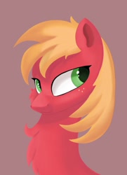 Size: 1459x2018 | Tagged: safe, artist:stargrid, big macintosh, earth pony, pony, g4, :3, bust, chest fluff, lidded eyes, looking back, male, simple background, smiling, solo, stallion, tan background