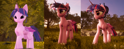 Size: 1854x738 | Tagged: safe, artist:valiant studios, oc, oc:twilight (dimensional shift), alicorn, pony, dimensional shift, 3d, chopsticks, female, mare, nature, scan lines, solo, unreal engine, video game, walking