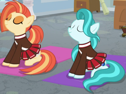 Size: 1003x747 | Tagged: safe, screencap, lighthoof, shimmy shake, earth pony, pony, 2 4 6 greaaat, g4, season 9, cheerleader, cheerleader outfit, clothes, cropped, cute, duo, eyes closed, female, mare, pleated skirt, skirt, yoga mat