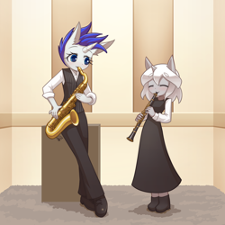 Size: 1200x1200 | Tagged: safe, artist:howxu, oc, oc only, oc:clair, oc:jazz, unicorn, anthro, chibi, clarinet, clothes, dress, duo, female, mare, musical instrument, pants, saxophone