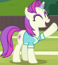 Size: 521x577 | Tagged: safe, screencap, asteria, pony, unicorn, 2 4 6 greaaat, g4, season 9, buckball, clothes, cropped, eyes closed, female, horn, horn ring, mare, open mouth, raised hoof, ring, solo
