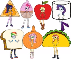 Size: 2388x1987 | Tagged: safe, artist:kigtoons, applejack, fluttershy, pinkie pie, rainbow dash, rarity, sci-twi, sunset shimmer, twilight sparkle, equestria girls, g4, apple, apple costume, chips, clothes, costume, cupcake, cupcake costume, food, food costume, humane five, humane seven, humane six, marshmallow, marshmallow costume, nachos, onion, onion costume, peanut butter and jelly, rarity is a marshmallow, sandwich, sandwich costume, simple background, taco, taco costume, white background