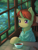 Size: 3566x4743 | Tagged: safe, artist:aquoquoo, cinnamon tea, pony, unicorn, g4, cafe, clothes, colt, complex background, curved horn, foal, horn, lilypad, male, solo, table, window