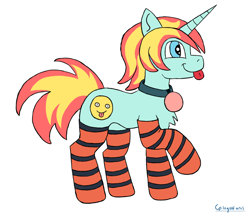 Size: 2148x1860 | Tagged: safe, artist:ingolf arts, oc, oc only, oc:divine lover, earth pony, pony, unicorn, clothes, horn, smiling, socks, solo, striped socks, tongue out