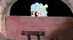 Size: 908x500 | Tagged: safe, artist:dex stewart, edit, edited screencap, screencap, cozy glow, pegasus, pony, g4, brick wall, caption, cozybetes, cute, female, filly, floppy ears, foal, henry's tunnel, image macro, immurement, mare, meme, punishment, sad, solo, text, thomas and friends, thomas the tank engine, tunnel, vector