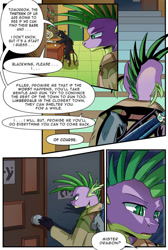 Size: 732x1091 | Tagged: safe, artist:candyclumsy, spike, dragon, earth pony, griffon, pony, comic:revolution of harmony, g4, bar, interspecies, older, older spike