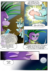 Size: 732x1091 | Tagged: safe, artist:candyclumsy, spike, dragon, pony, unicorn, comic:revolution of harmony, g4, eyes closed, older, older spike, piggy bank