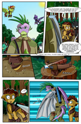 Size: 723x1105 | Tagged: safe, artist:candyclumsy, spike, dragon, earth pony, griffon, pegasus, pony, unicorn, comic:revolution of harmony, g4, crossbow, male, older, older spike, rebels, trap (device)