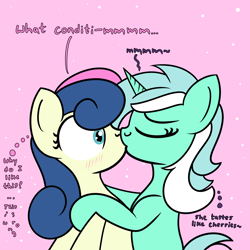 Size: 2000x2000 | Tagged: safe, artist:dafiltafish, bon bon, lyra heartstrings, sweetie drops, oc, oc:hedone, earth pony, pony, unicorn, comic:day by day, g4, blushing, dialogue, female, high res, kissing, lesbian, shapeshifter, ship:lyrabon, shipping, surprise kiss, thoughts