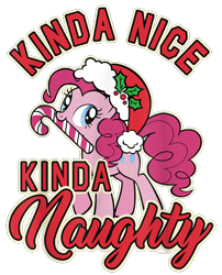 Size: 850x1050 | Tagged: safe, pinkie pie, earth pony, pony, g4, official, candy, candy cane, christmas, cropped, design, female, food, hat, holiday, mare, merchandise, santa hat, shirt design, simple background, solo, text, transparent background