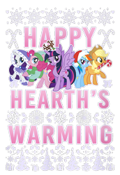 Size: 550x800 | Tagged: safe, applejack, pinkie pie, rainbow dash, rarity, twilight sparkle, alicorn, earth pony, pegasus, pony, unicorn, g4, official, antlers, applejack's hat, christmas, clothes, coat, cowboy hat, cropped, design, female, hat, hearth's warming, holiday, mare, merchandise, santa hat, shirt design, simple background, snow, snowflake, sweater, text, transparent background, twilight sparkle (alicorn)