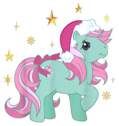 Size: 900x950 | Tagged: safe, minty, earth pony, pony, g1, g3, official, christmas, cropped, design, female, g3 to g1, generation leap, hat, holiday, mare, merchandise, santa hat, shirt design, simple background, snow, snowflake, solo, stars, transparent background