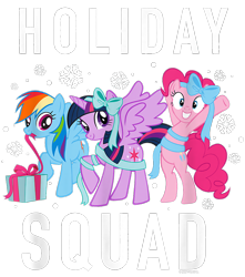 Size: 750x850 | Tagged: safe, pinkie pie, rainbow dash, twilight sparkle, alicorn, earth pony, pegasus, pony, g4, official, bipedal, bow, christmas, cropped, design, female, holiday, mare, merchandise, present, ribbon, shirt design, simple background, text, transparent background, twilight sparkle (alicorn)