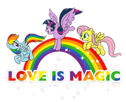 Size: 800x650 | Tagged: safe, fluttershy, rainbow dash, twilight sparkle, alicorn, pegasus, pony, g4, official, cropped, design, female, flying, mare, merchandise, pride, pride flag, rainbow, shirt design, simple background, text, transparent background, twilight sparkle (alicorn), wrong eye color