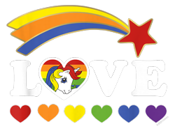 Size: 800x600 | Tagged: safe, starshine, pegasus, pony, g1, official, cropped, cutie mark, design, female, heart, mare, merchandise, pride, pride flag, rainbow, shirt design, shooting star, simple background, solo, text, transparent background