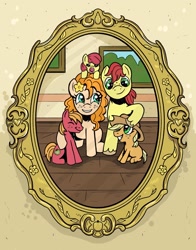 Size: 1605x2048 | Tagged: safe, artist:alli_doodlez, apple bloom, applejack, big macintosh, bright mac, pear butter, earth pony, pony, g4, baby, baby apple bloom, bust, colt big macintosh, eyes closed, family photo, female, filly, filly applejack, grin, male, pacifier, portrait, smiling, younger
