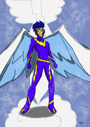 Size: 1240x1754 | Tagged: safe, artist:foxgearstudios, soarin', human, g4, clothes, cloud, goggles, humanized, male, on a cloud, solo, winged humanization, wings